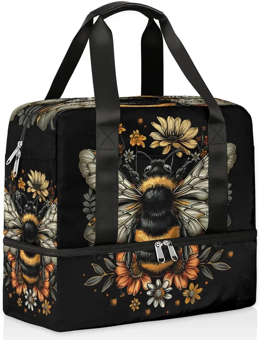 Sports Gym Bag Retro Bee Flower Travel Duffel Bag Waterproof Lightweight Swim Bag Travel Tote Luggage Weekender Overnight Handbag Workout Bag with Shoes Compartment for Women Men
