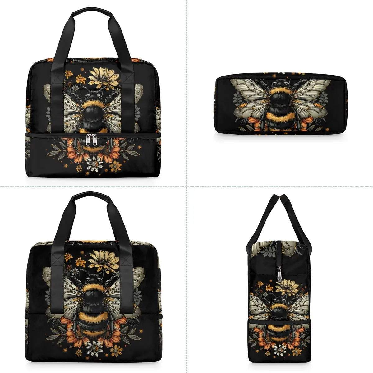 Sports Gym Bag Retro Bee Flower Travel Duffel Bag Waterproof Lightweight Swim Bag Travel Tote Luggage Weekender Overnight Handbag Workout Bag with Shoes Compartment for Women Men
