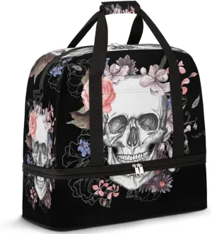 Sports Gym Bag, Sugar Skull Flower Halloween Travel Duffel Bag with Shoes Compartment Waterproof Overnight Bag Workout Weekender Bag Boys Girls Yoga Dance Bag Gym Tote Bag for Women Men