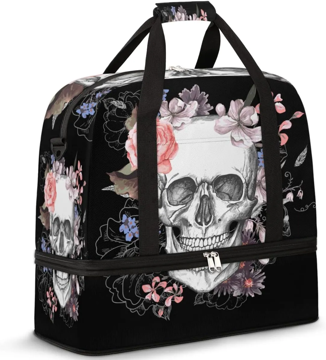 Sports Gym Bag, Sugar Skull Flower Halloween Travel Duffel Bag with Shoes Compartment Waterproof Overnight Bag Workout Weekender Bag Boys Girls Yoga Dance Bag Gym Tote Bag for Women Men