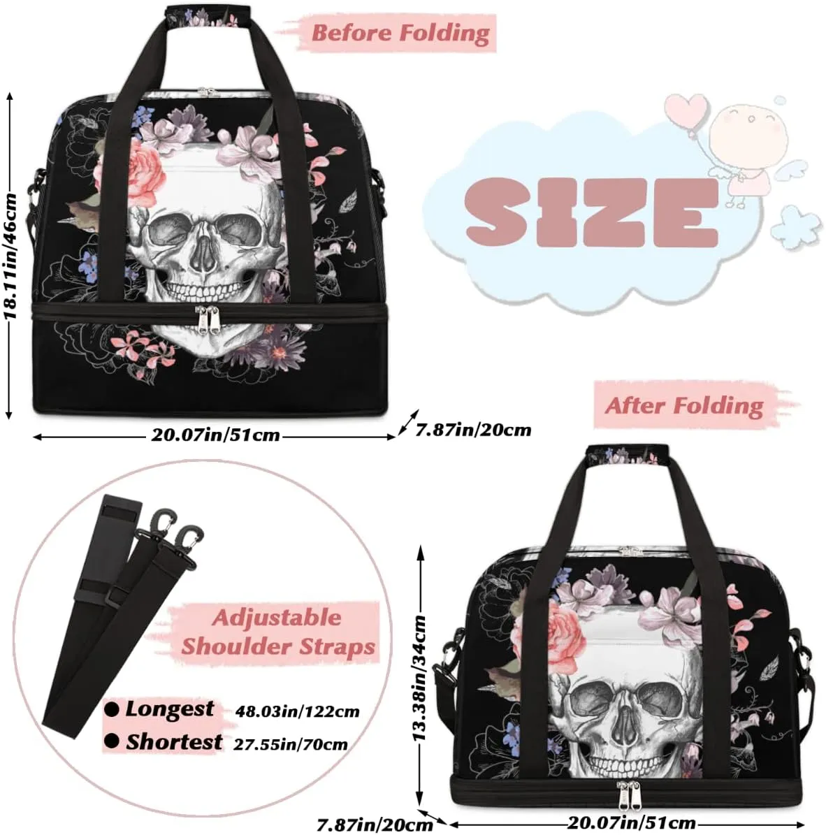 Sports Gym Bag, Sugar Skull Flower Halloween Travel Duffel Bag with Shoes Compartment Waterproof Overnight Bag Workout Weekender Bag Boys Girls Yoga Dance Bag Gym Tote Bag for Women Men