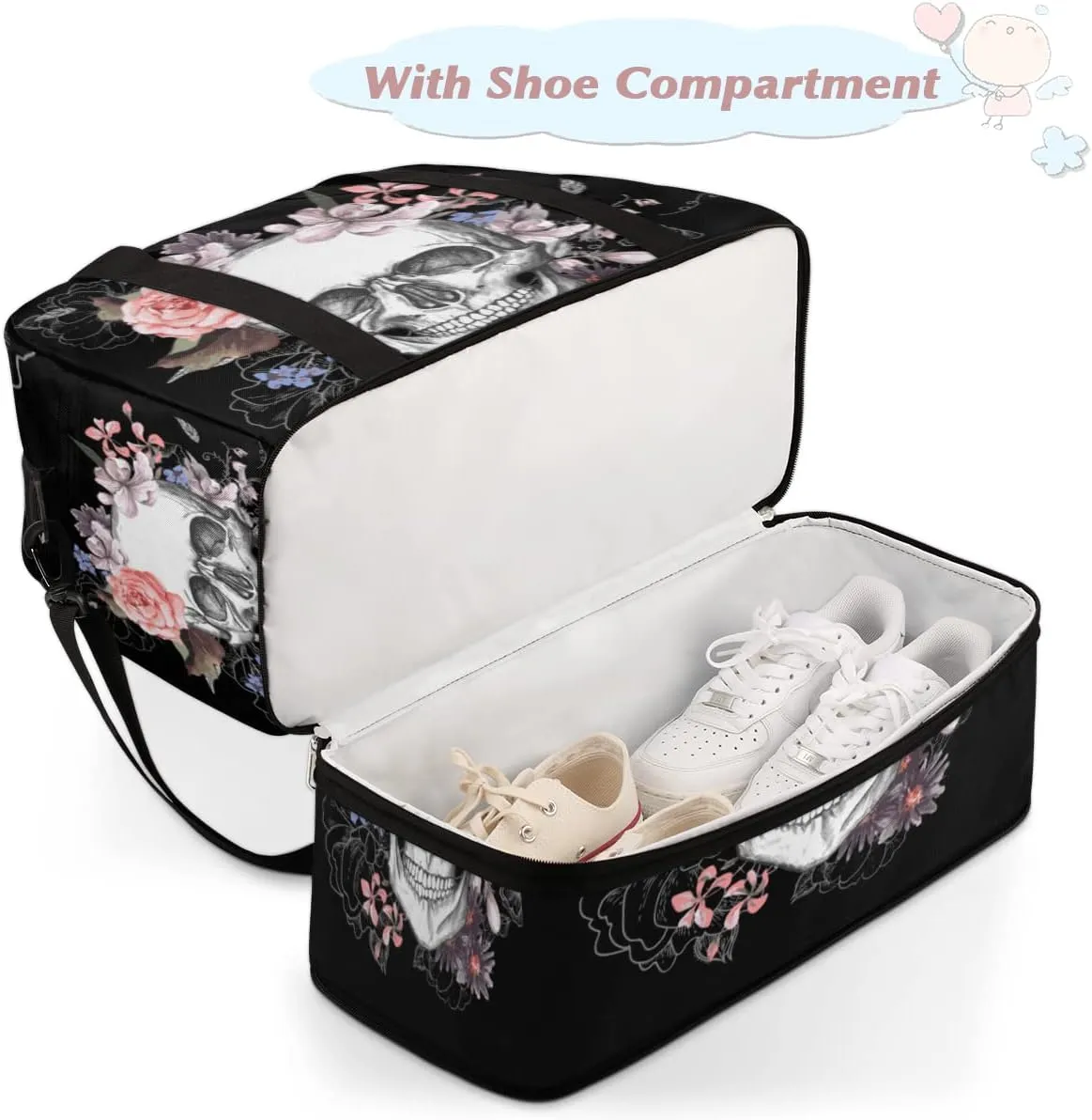 Sports Gym Bag, Sugar Skull Flower Halloween Travel Duffel Bag with Shoes Compartment Waterproof Overnight Bag Workout Weekender Bag Boys Girls Yoga Dance Bag Gym Tote Bag for Women Men