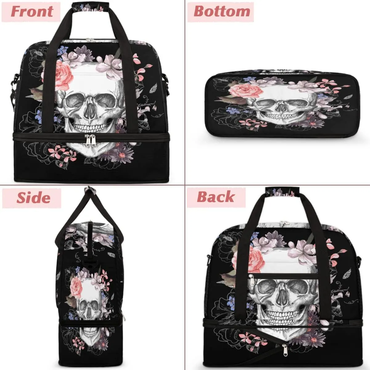 Sports Gym Bag, Sugar Skull Flower Halloween Travel Duffel Bag with Shoes Compartment Waterproof Overnight Bag Workout Weekender Bag Boys Girls Yoga Dance Bag Gym Tote Bag for Women Men