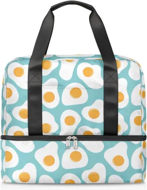 Sports Gym Bag with Shoes Compartment, Blue Egg Breakfast Travel Duffel Bag,Yoga Workout Bag Training Handbag,breakfast food Overnight Bag Large Carry On Bag for Women Men Kids Girls Boys