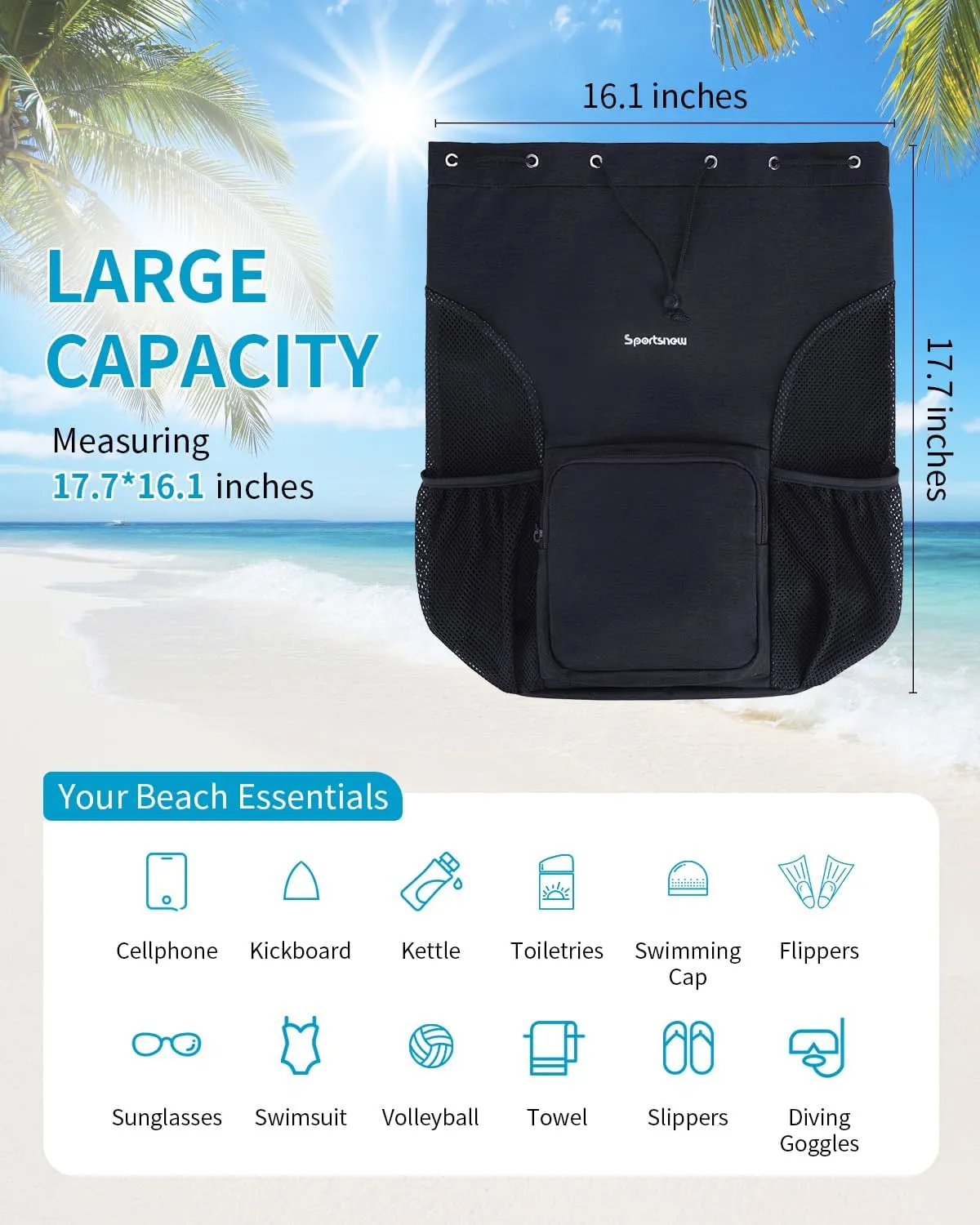 sportsnew Swim Bag Mesh Beach Drawstring Backpack with Wet Pocket, Drawstring Bag for Swimming, Gym, Pool, Workout Gear, Beach Volleyball Backpack for Women Men