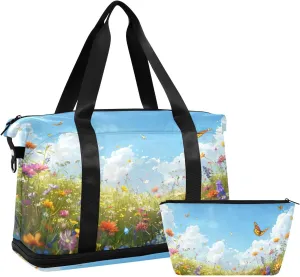 Spring Meadow Filled Gym Bag - Weekender Overnight Bags for Women Men, Sport Travel Duffel Bag with Wet Pocket & Shoe Compartment