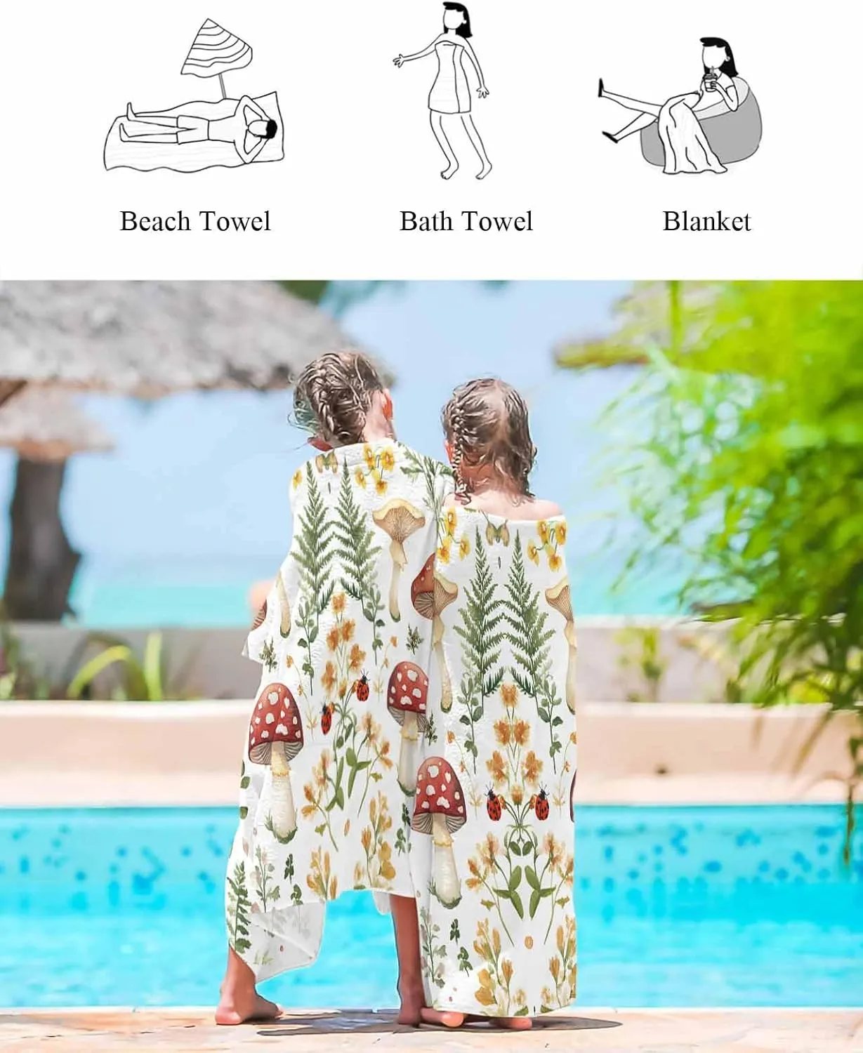 Spring Plant Microfiber Beach Towel Flower Mushroom Leaf Absorbent Quick Dry Beach Towels for Kids Women Adults Ladybug Sand Proof Travel Pool Swimming Camping Blanket 23x47 Inch