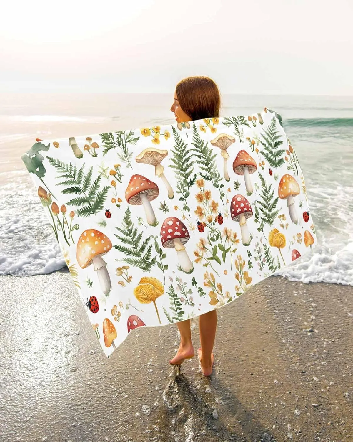 Spring Plant Microfiber Beach Towel Flower Mushroom Leaf Absorbent Quick Dry Beach Towels for Kids Women Adults Ladybug Sand Proof Travel Pool Swimming Camping Blanket 23x47 Inch