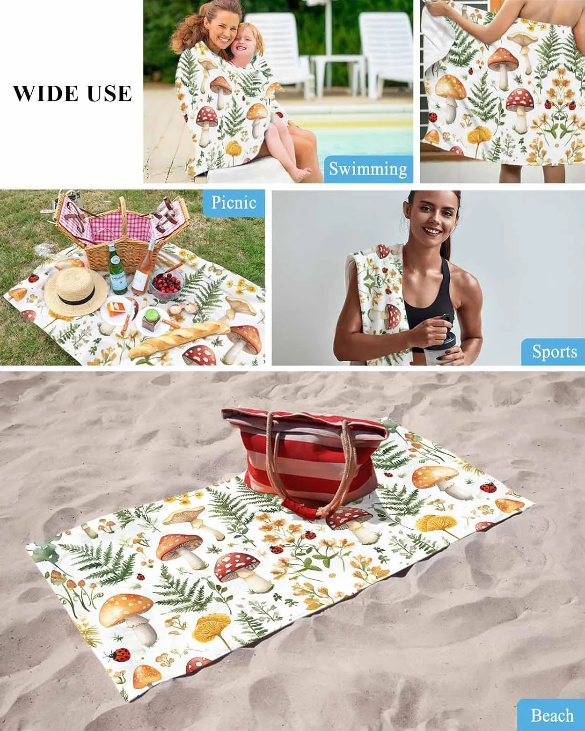Spring Plant Microfiber Beach Towel Flower Mushroom Leaf Absorbent Quick Dry Beach Towels for Kids Women Adults Ladybug Sand Proof Travel Pool Swimming Camping Blanket 23x47 Inch