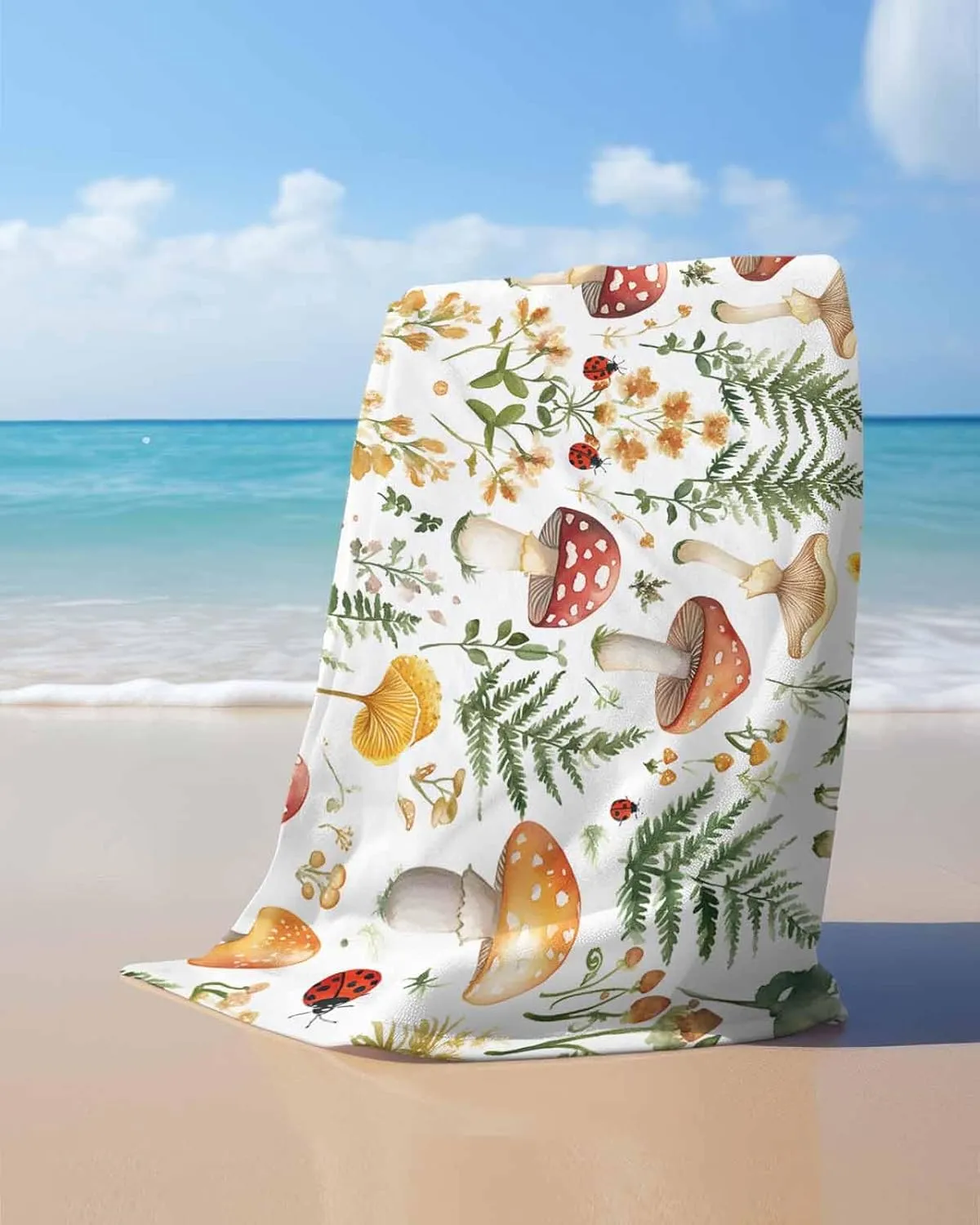 Spring Plant Microfiber Beach Towel Flower Mushroom Leaf Absorbent Quick Dry Beach Towels for Kids Women Adults Ladybug Sand Proof Travel Pool Swimming Camping Blanket 23x47 Inch