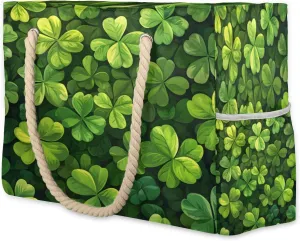St Patricks Day Large Tote Beach Bags for Women with Zipper Waterproof Sandproof Swim Pool Grocery Gym Travel Bag, Green Shamrock Irish Clover