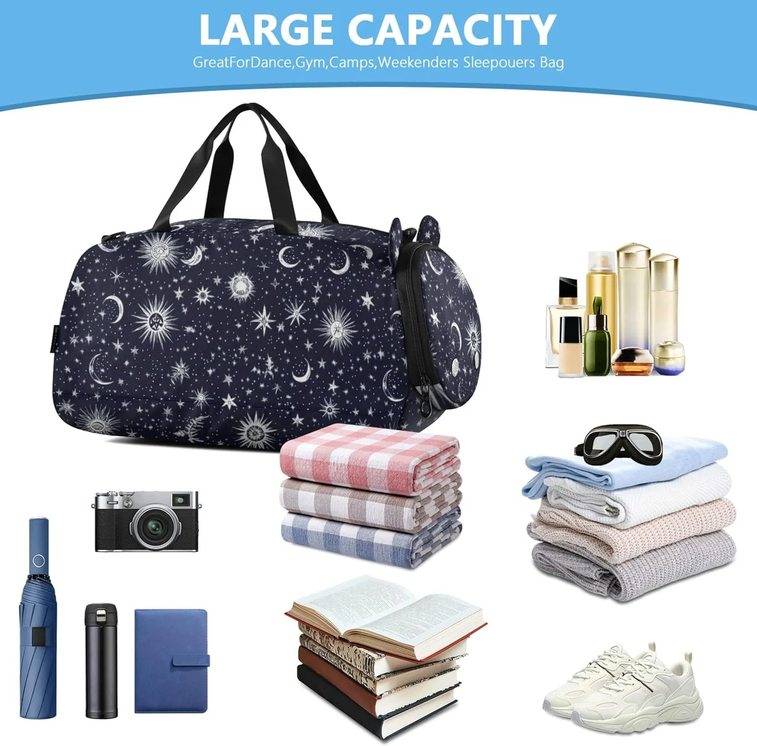 Starry Night Star Sun Moon Boy's Gym Duffel Bag with Shoes Compartment Large Capacity Weekend Travel Bag for Boys and Girls