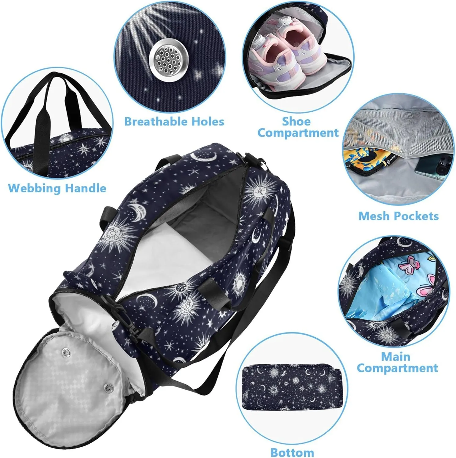 Starry Night Star Sun Moon Boy's Gym Duffel Bag with Shoes Compartment Large Capacity Weekend Travel Bag for Boys and Girls