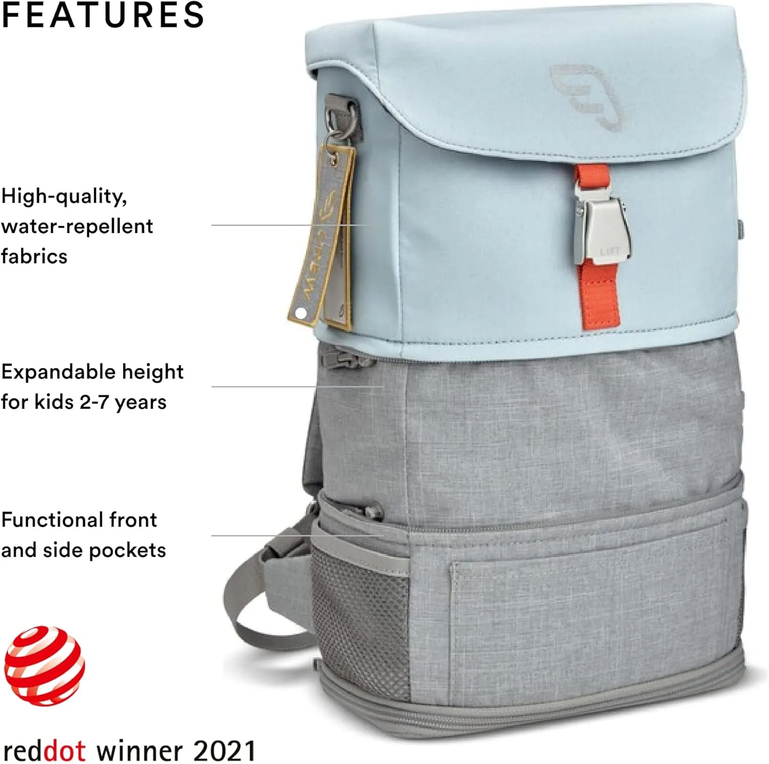 Stokke JetKids BackPack, Blue Sky - Expandable Design for Kids 2-7 Years Old - Easy-to-Clean, Water Repellent Fabric - Includes Pull-Out Seat Pad, Name Tag & Detachable Captain Stripes