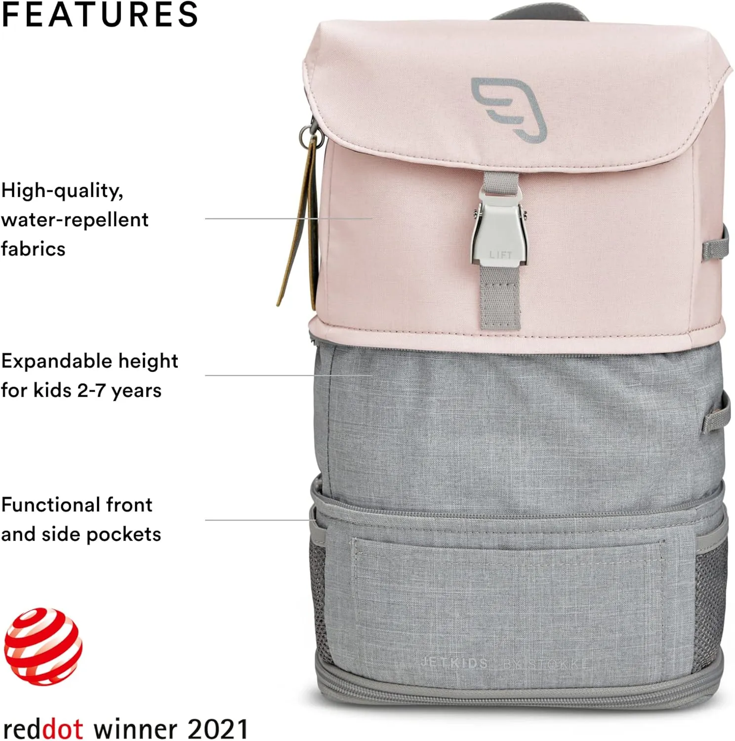 Stokke JetKids BackPack, Pink Lemonade - Expandable Design for Kids 2-7 Years Old - Easy-to-Clean, Water Repellent Fabric - Includes Pull-Out Seat Pad, Name Tag & Detachable Captain Stripes