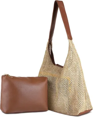 Straw Beach Bags for Women- Beach Bags for Women, Mesh Tote Bag Leather Hobo Purse with Pouch for Vacation, Travel Essentials