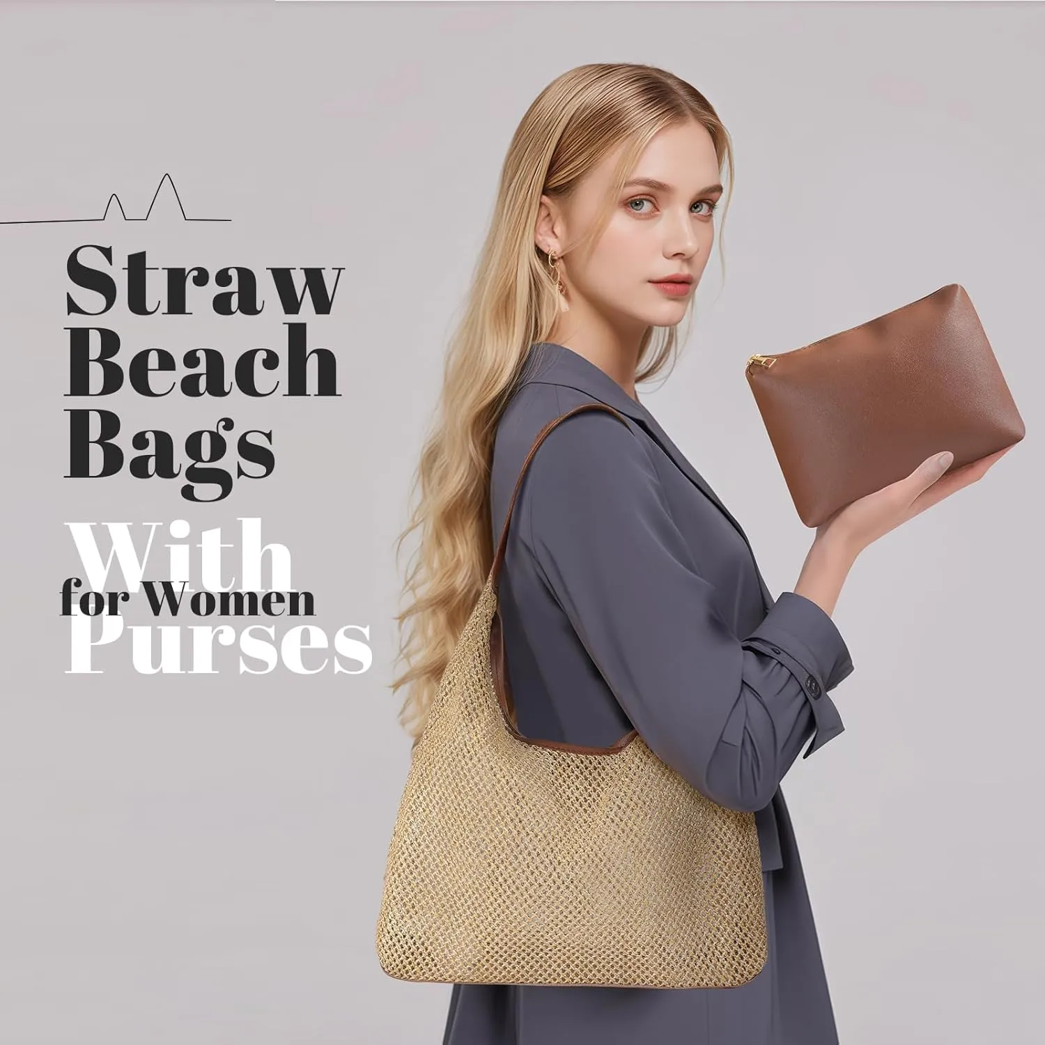 Straw Beach Bags for Women- Beach Bags for Women, Mesh Tote Bag Leather Hobo Purse with Pouch for Vacation, Travel Essentials
