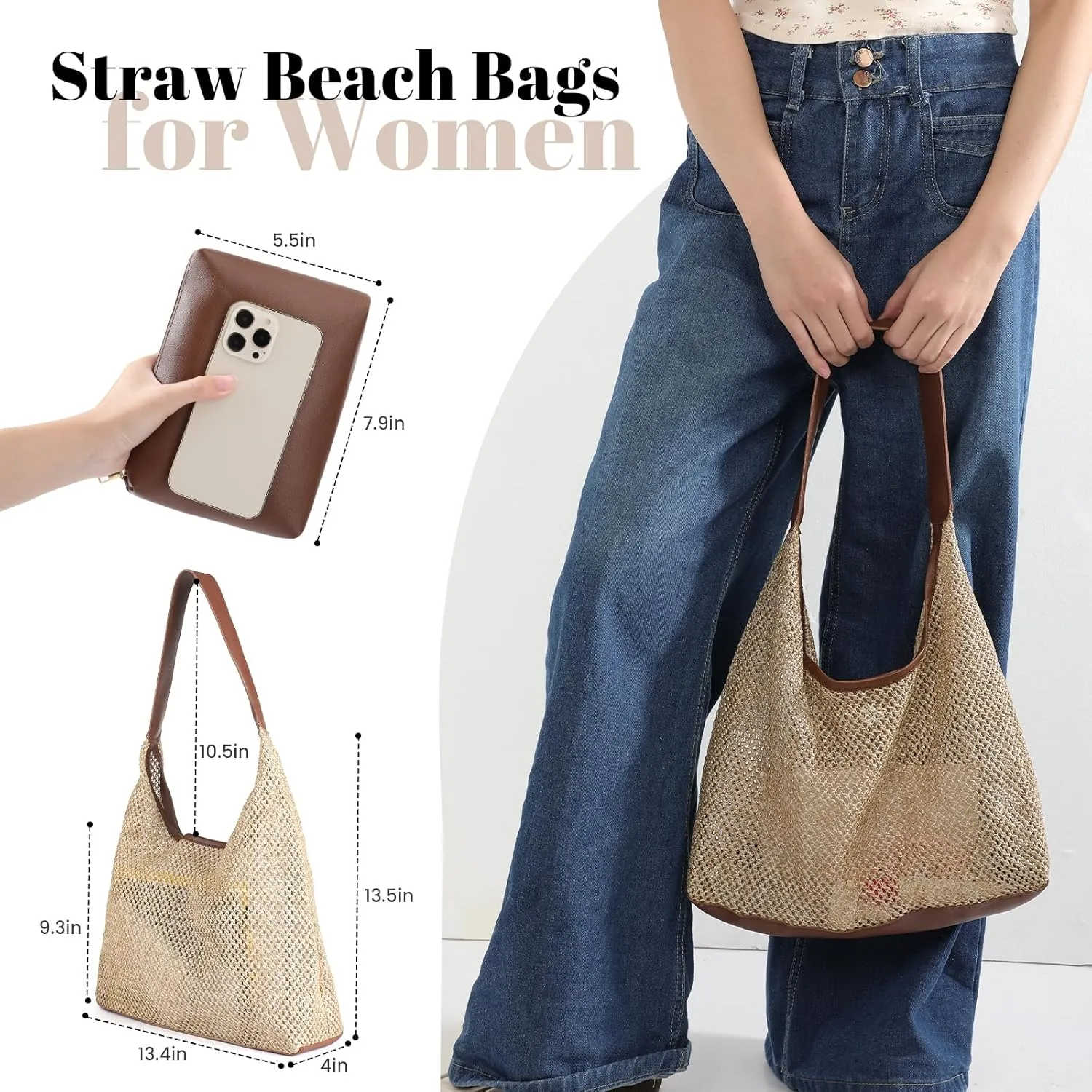 Straw Beach Bags for Women- Beach Bags for Women, Mesh Tote Bag Leather Hobo Purse with Pouch for Vacation, Travel Essentials