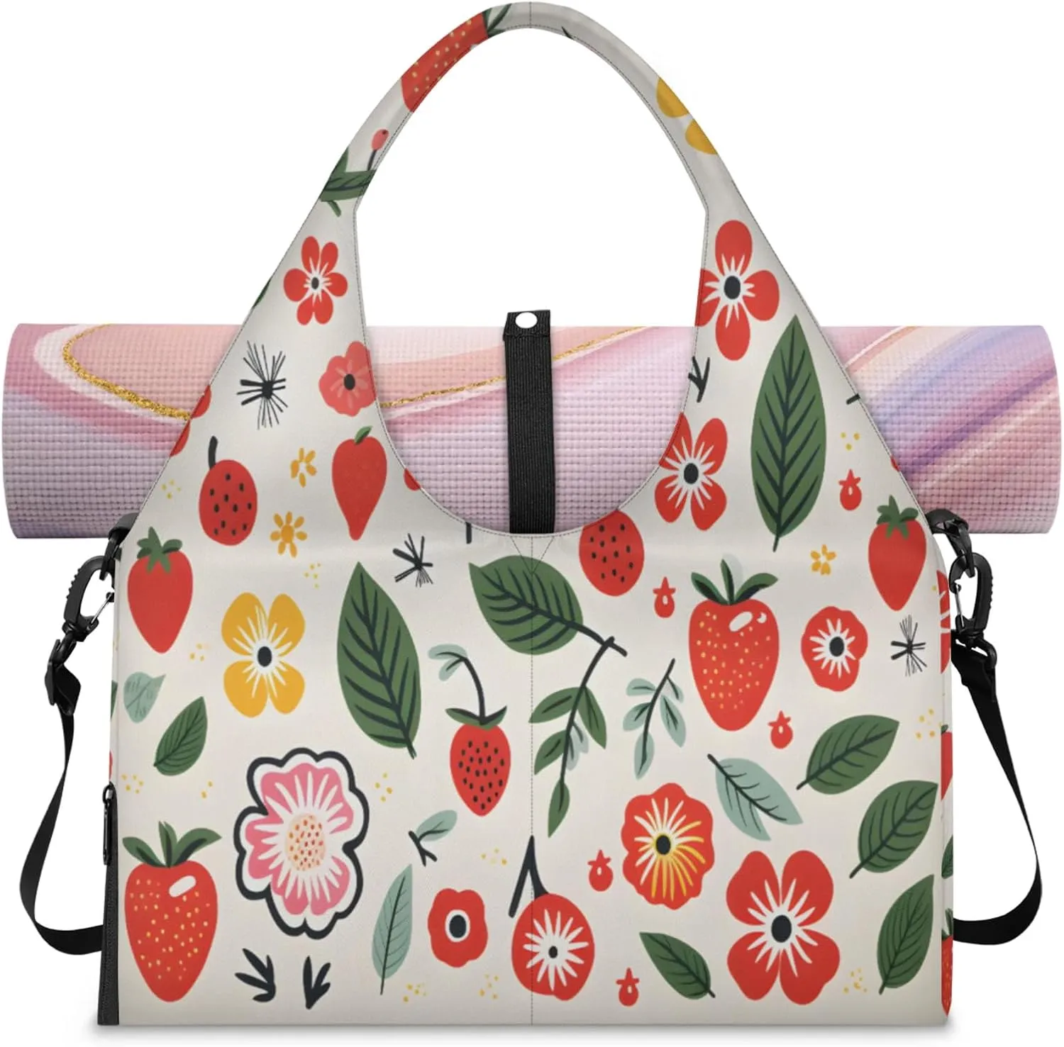 Strawberry green leaves Women's Yoga Gym Bag - Adjustable shoulder strap with shoe compartment, large gym bag with multiple pockets for yoga mat, gym equipment and travel accessories