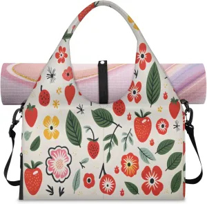 Strawberry green leaves Women's Yoga Gym Bag - Adjustable shoulder strap with shoe compartment, large gym bag with multiple pockets for yoga mat, gym equipment and travel accessories