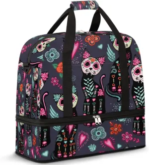 Sugar Skull Cat Travel Duffle Bag, Sports Gym Bag with Shoes Compartment Weekender Bag Overnight Bag for Women Men