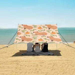Summer Capybara Orange Beach Canopy Tent Anti-UV & Wind Resistant, Camping Sun Shelter Easy Setup Portable,Outdoor Shade Tents with Sandbags,Sand Shovels,Ground Pegs & Stability Poles