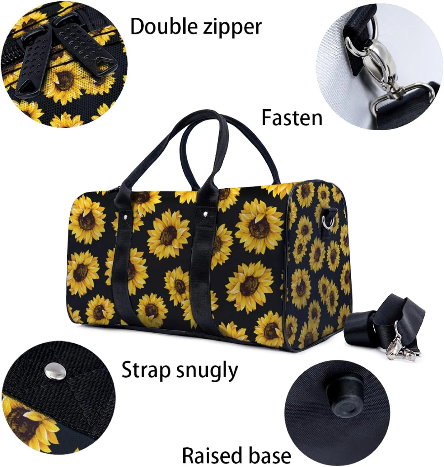 Sunflower Black Background Travel Duffel Bag for Woman Weekender Bag Man Tote Gym Bag Sport Gym Bag Hospital Bag for Labor and Delivery Overnight Bag Luggage Bag