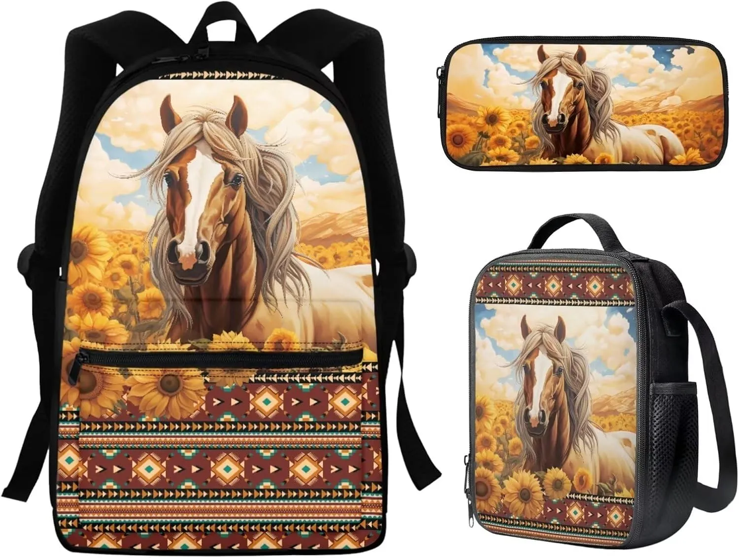 Sunflower Horse Backpack and Lunch Box Set for Boys Elementary School Bag Southwestern Aztec Bookbag with Lunch Bag Pencil Case for Kids Girls Child Daycare School Bag Rucksack