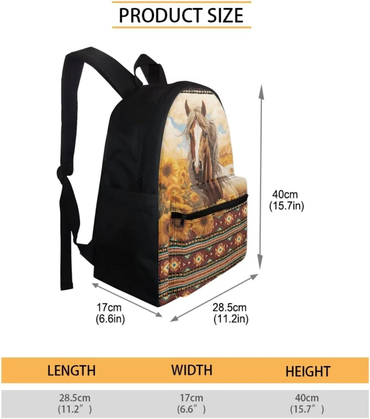 Sunflower Horse Backpack and Lunch Box Set for Boys Elementary School Bag Southwestern Aztec Bookbag with Lunch Bag Pencil Case for Kids Girls Child Daycare School Bag Rucksack