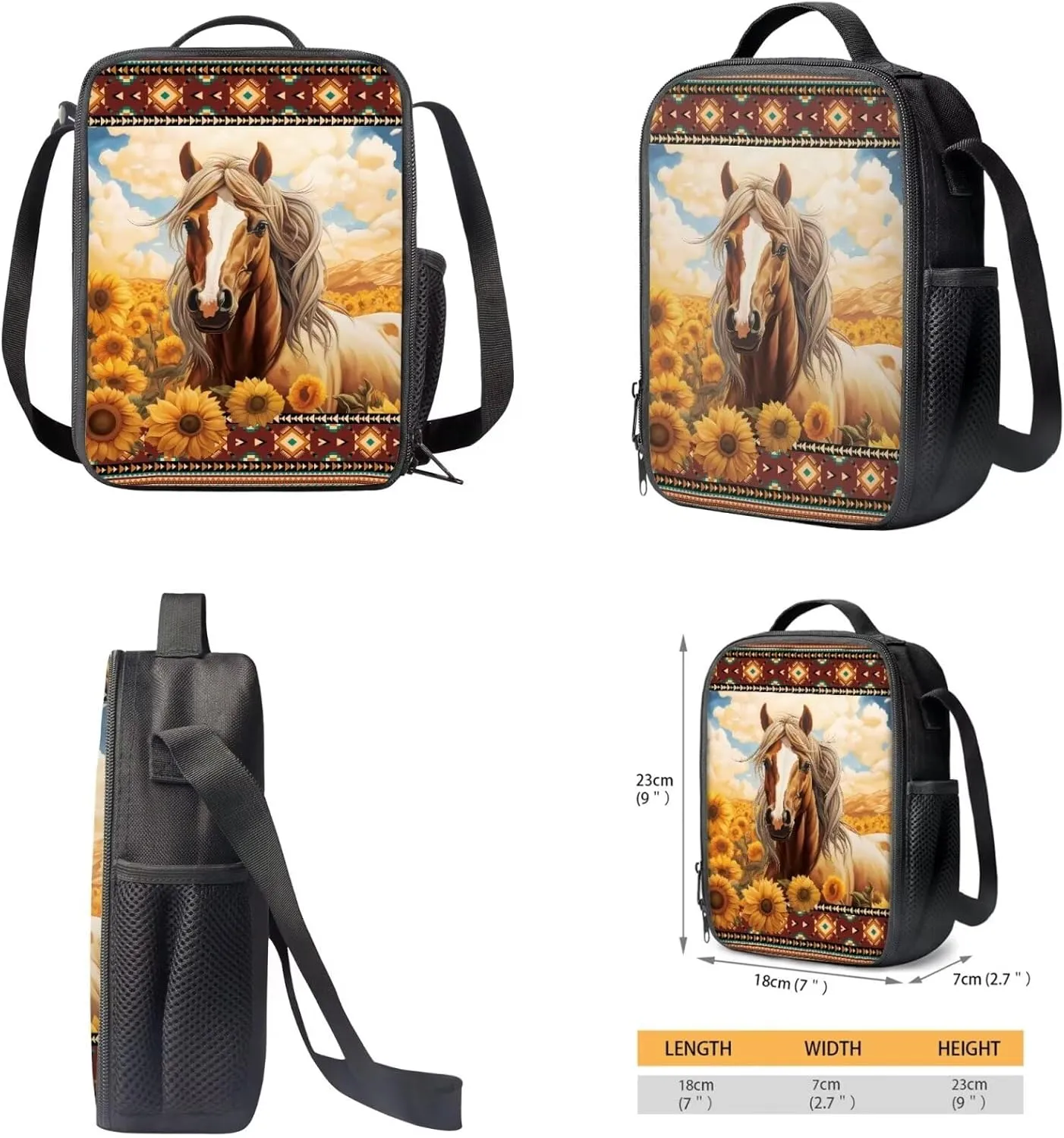 Sunflower Horse Backpack and Lunch Box Set for Boys Elementary School Bag Southwestern Aztec Bookbag with Lunch Bag Pencil Case for Kids Girls Child Daycare School Bag Rucksack