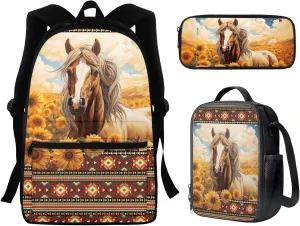 Sunflower Horse Backpack and Lunch Box Set for Boys Elementary School Bag Southwestern Aztec Bookbag with Lunch Bag Pencil Case for Kids Girls Child Daycare School Bag Rucksack