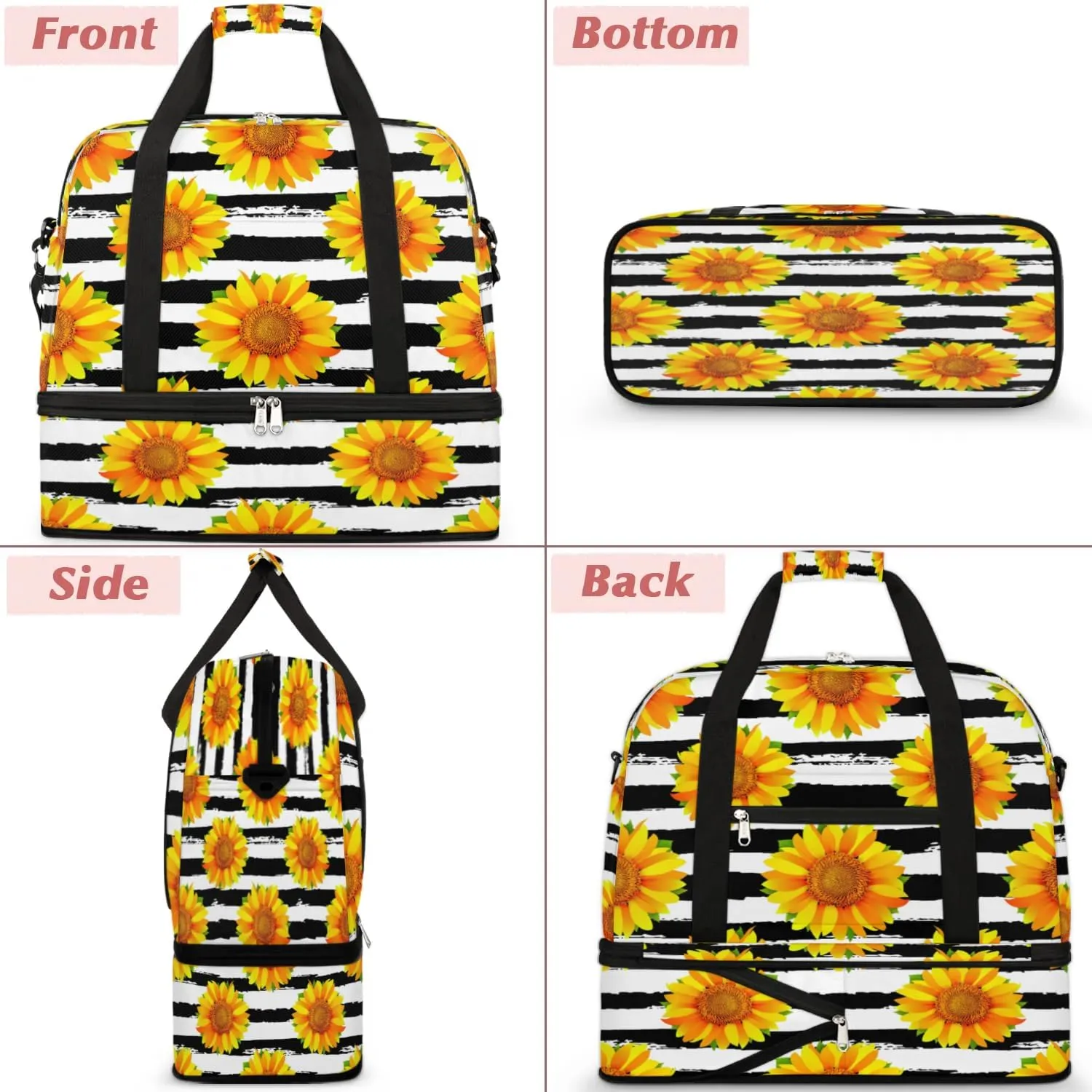 Sunflower Petals Stripes Sports Gym Bag with Shoes Compartment Foldable Travel Duffel Bag Dry Wet Separated Sports Tote Workout Weekender Overnight Bag for Women Yoga Dance Work Training Handbag