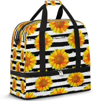 Sunflower Petals Stripes Sports Gym Bag with Shoes Compartment Foldable Travel Duffel Bag Dry Wet Separated Sports Tote Workout Weekender Overnight Bag for Women Yoga Dance Work Training Handbag