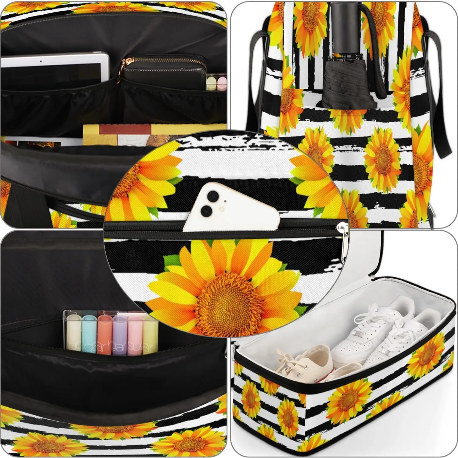Sunflower Petals Stripes Sports Gym Bag with Shoes Compartment Foldable Travel Duffel Bag Dry Wet Separated Sports Tote Workout Weekender Overnight Bag for Women Yoga Dance Work Training Handbag