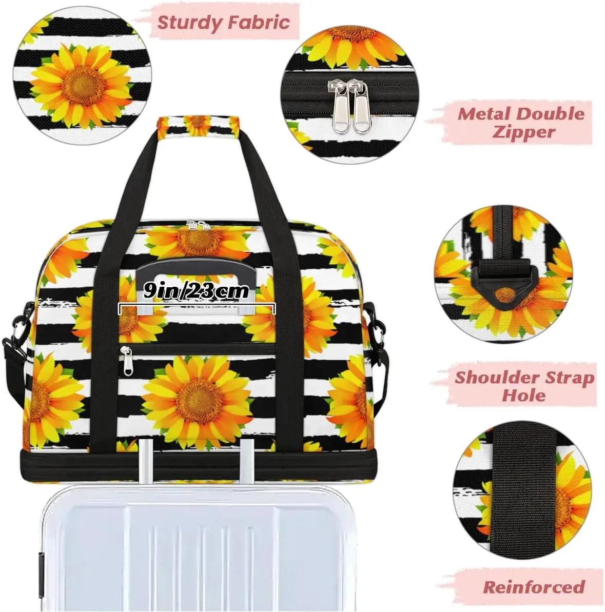 Sunflower Petals Stripes Sports Gym Bag with Shoes Compartment Foldable Travel Duffel Bag Dry Wet Separated Sports Tote Workout Weekender Overnight Bag for Women Yoga Dance Work Training Handbag