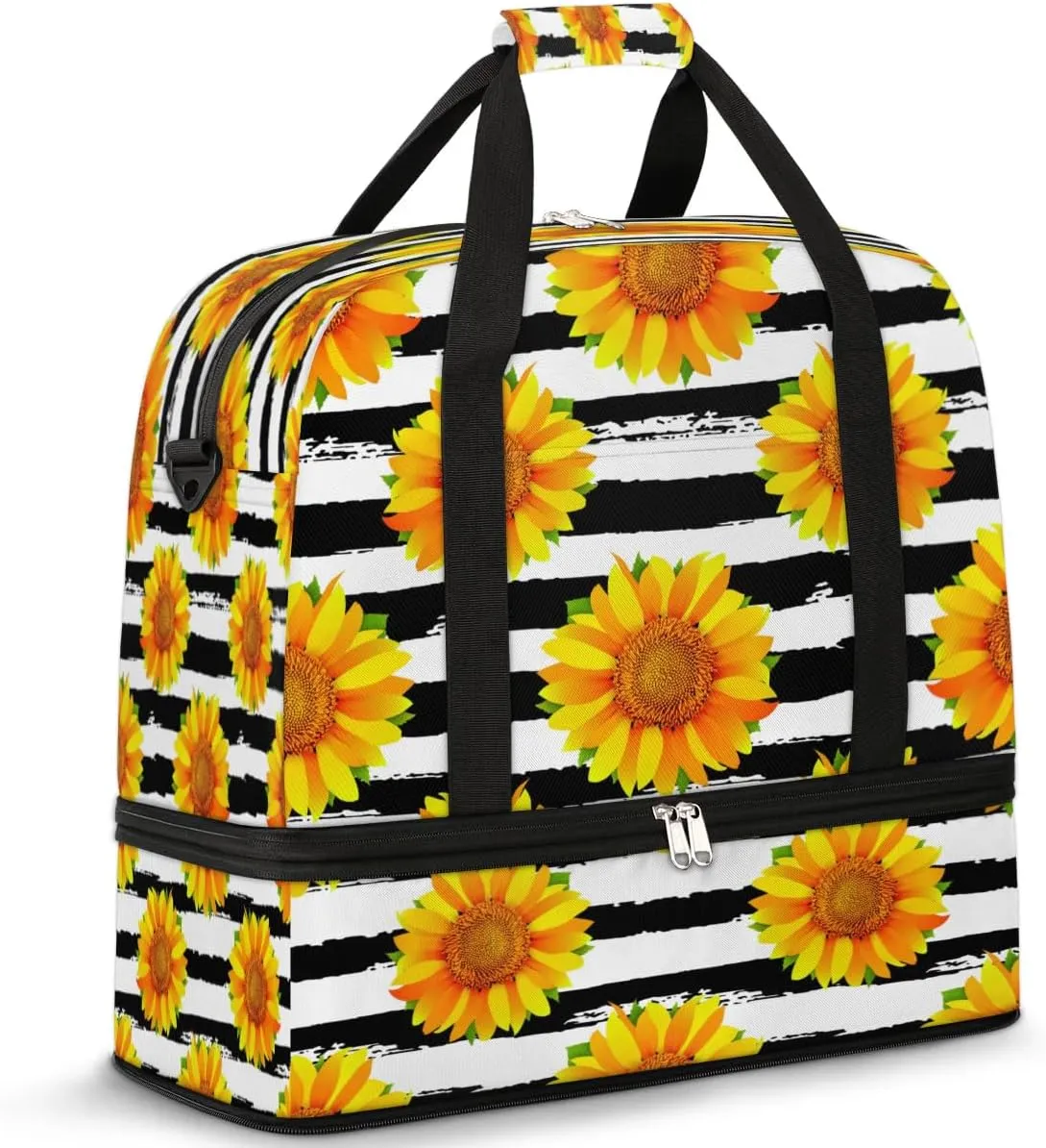 Sunflower Petals Stripes Sports Gym Bag with Shoes Compartment Foldable Travel Duffel Bag Dry Wet Separated Sports Tote Workout Weekender Overnight Bag for Women Yoga Dance Work Training Handbag