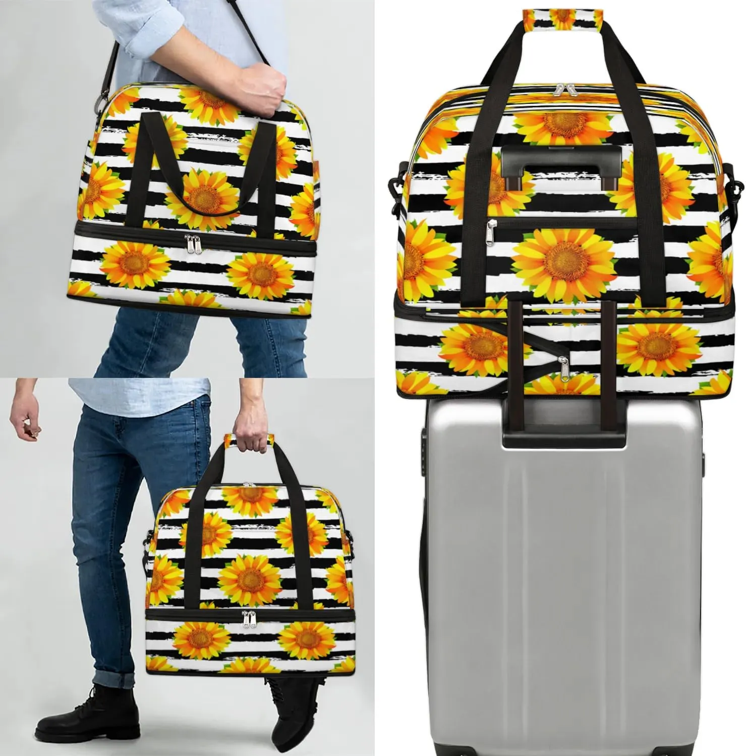 Sunflower Petals Stripes Sports Gym Bag with Shoes Compartment Foldable Travel Duffel Bag Dry Wet Separated Sports Tote Workout Weekender Overnight Bag for Women Yoga Dance Work Training Handbag