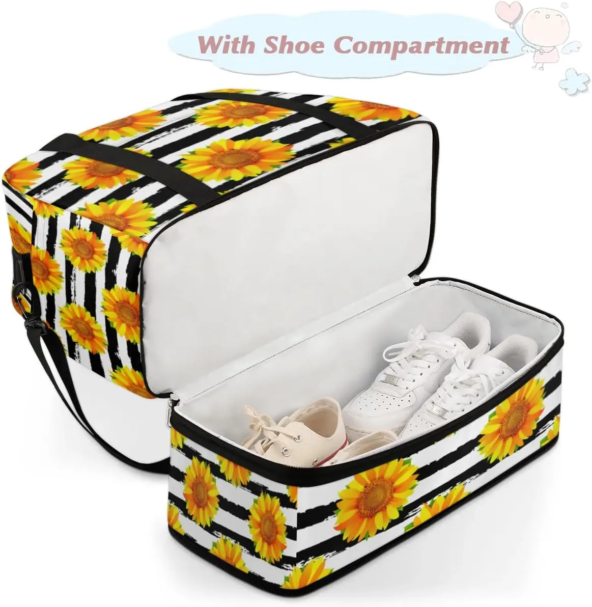 Sunflower Petals Stripes Sports Gym Bag with Shoes Compartment Foldable Travel Duffel Bag Dry Wet Separated Sports Tote Workout Weekender Overnight Bag for Women Yoga Dance Work Training Handbag
