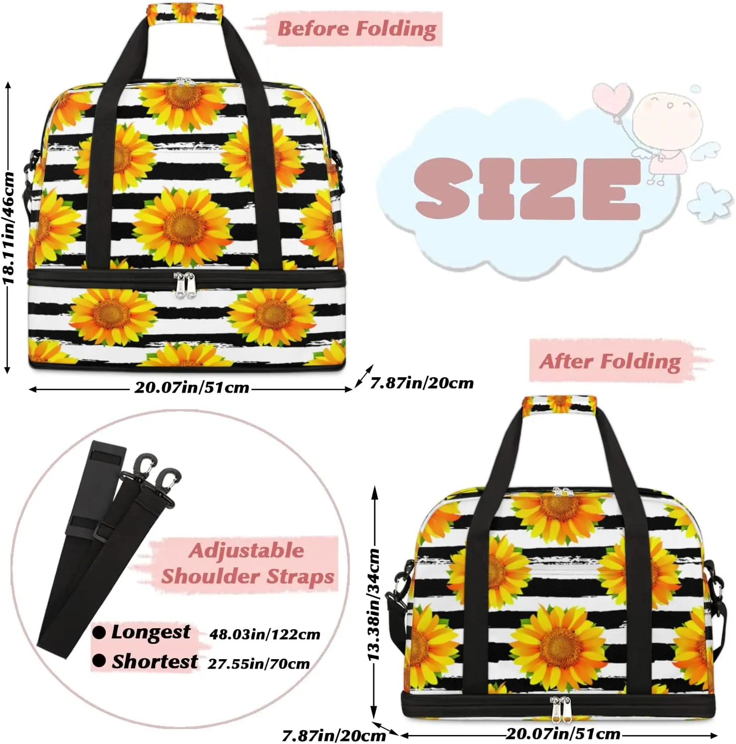 Sunflower Petals Stripes Sports Gym Bag with Shoes Compartment Foldable Travel Duffel Bag Dry Wet Separated Sports Tote Workout Weekender Overnight Bag for Women Yoga Dance Work Training Handbag