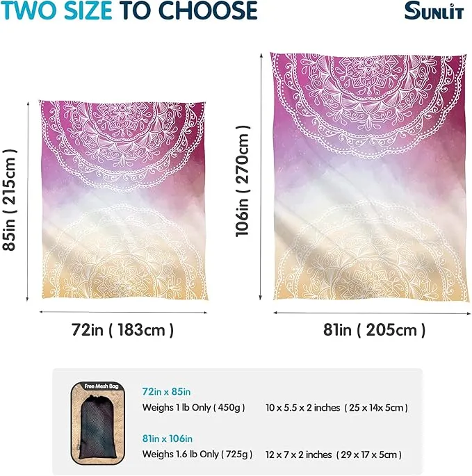 Sunlit Silky Soft 106"x81" Boho Sand Proof Beach Blanket Sand Proof Mat with Corner Pockets and Mesh Bag for Beach Party, Travel, Camping and Outdoor Music Festival, Orange Purple Mandala