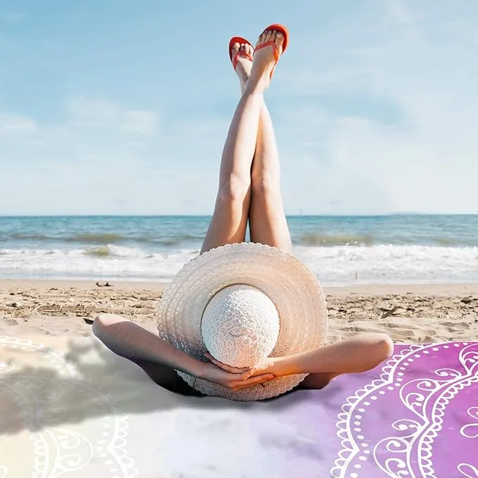 Sunlit Silky Soft 106"x81" Boho Sand Proof Beach Blanket Sand Proof Mat with Corner Pockets and Mesh Bag for Beach Party, Travel, Camping and Outdoor Music Festival, Orange Purple Mandala