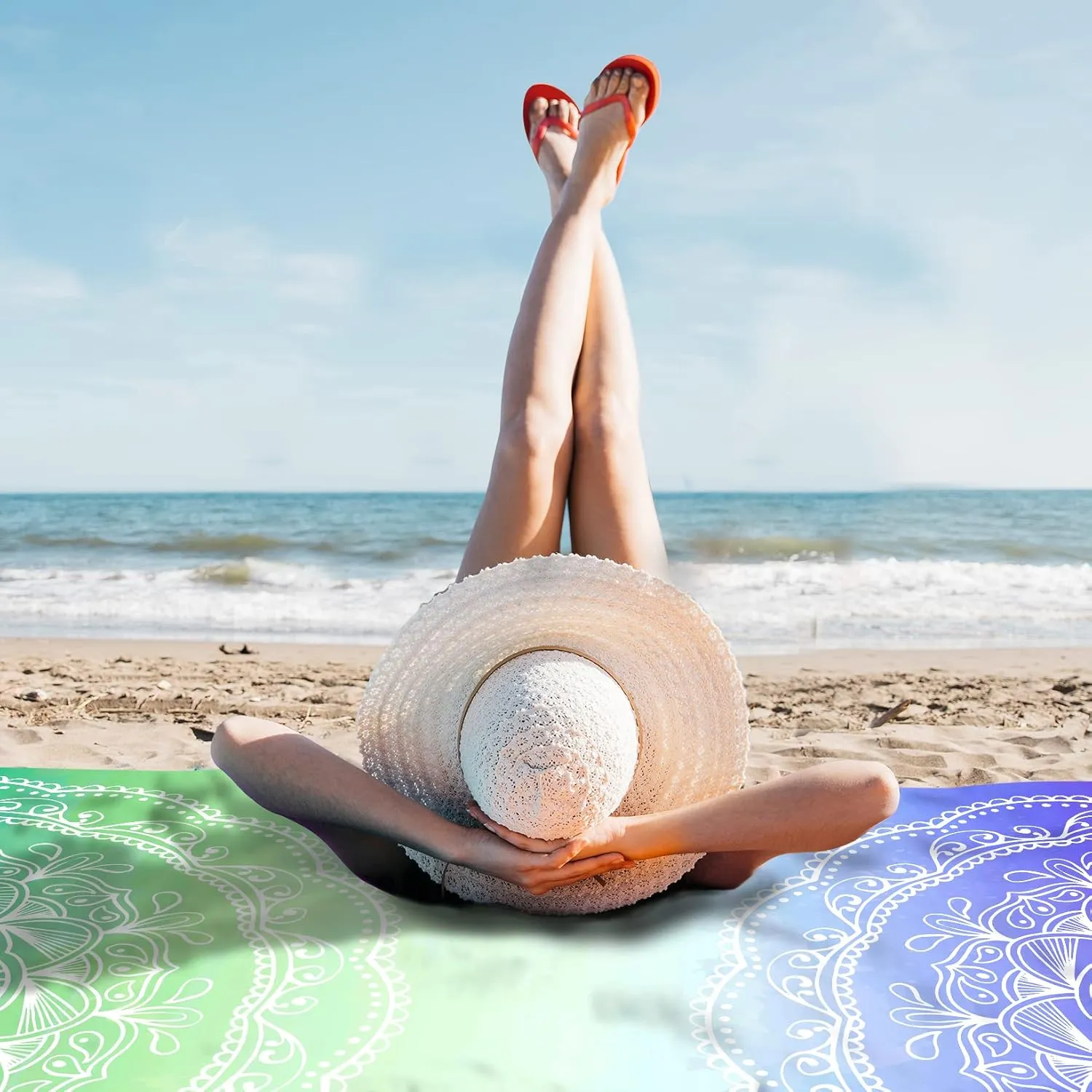 Sunlit Silky Soft Sand Proof Beach Blanket 106"x81" / 85"x72" Sand Proof Mat with Corner Pockets and Mesh Bag for Beach Party, Travel, Camping and Outdoor Music Festival, Mandala