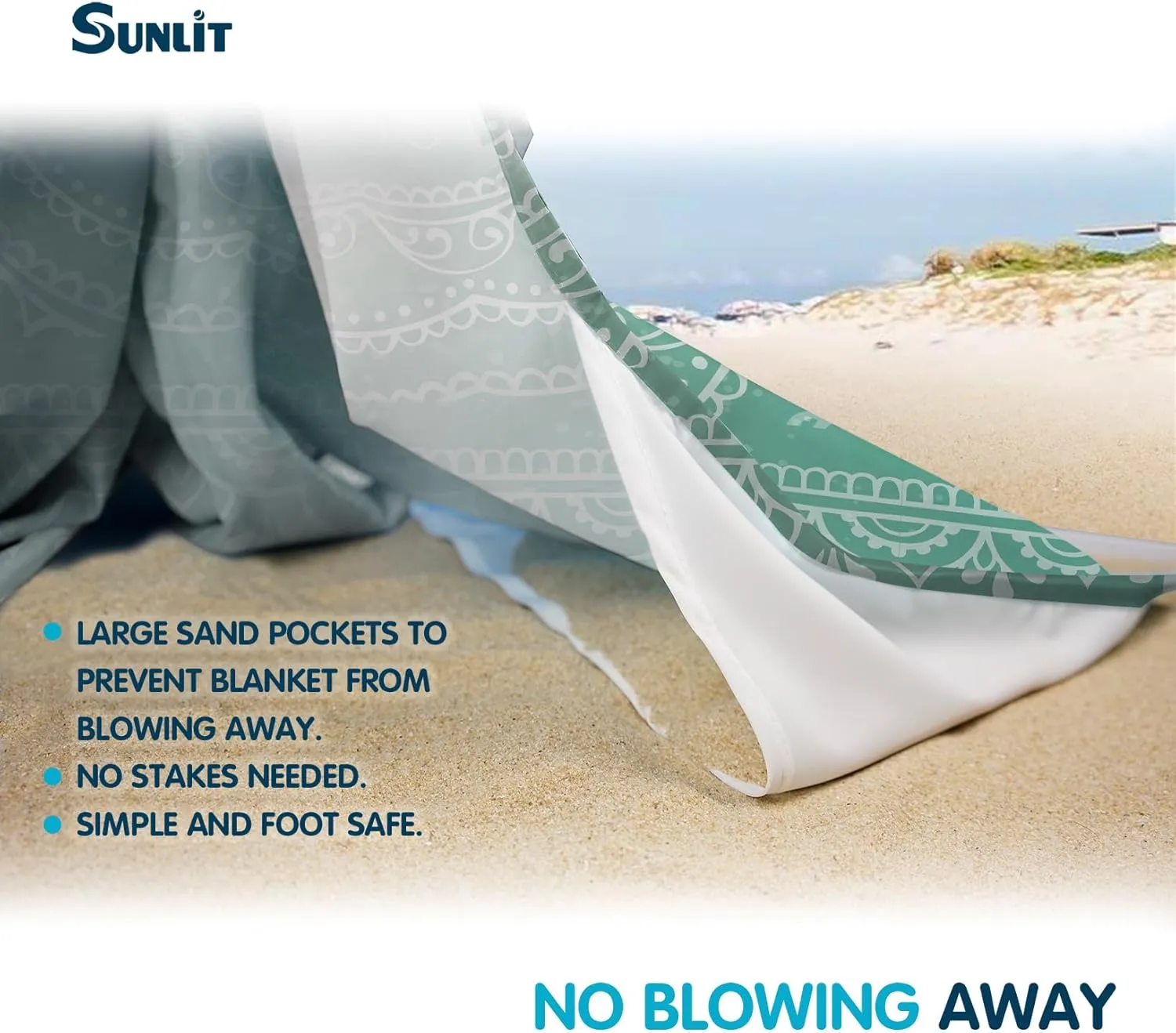 Sunlit Silky Soft Sand Proof Beach Blanket 106"x81" / 85"x72" Sand Proof Mat with Corner Pockets and Mesh Bag for Beach Party, Travel, Camping and Outdoor Music Festival, Mandala