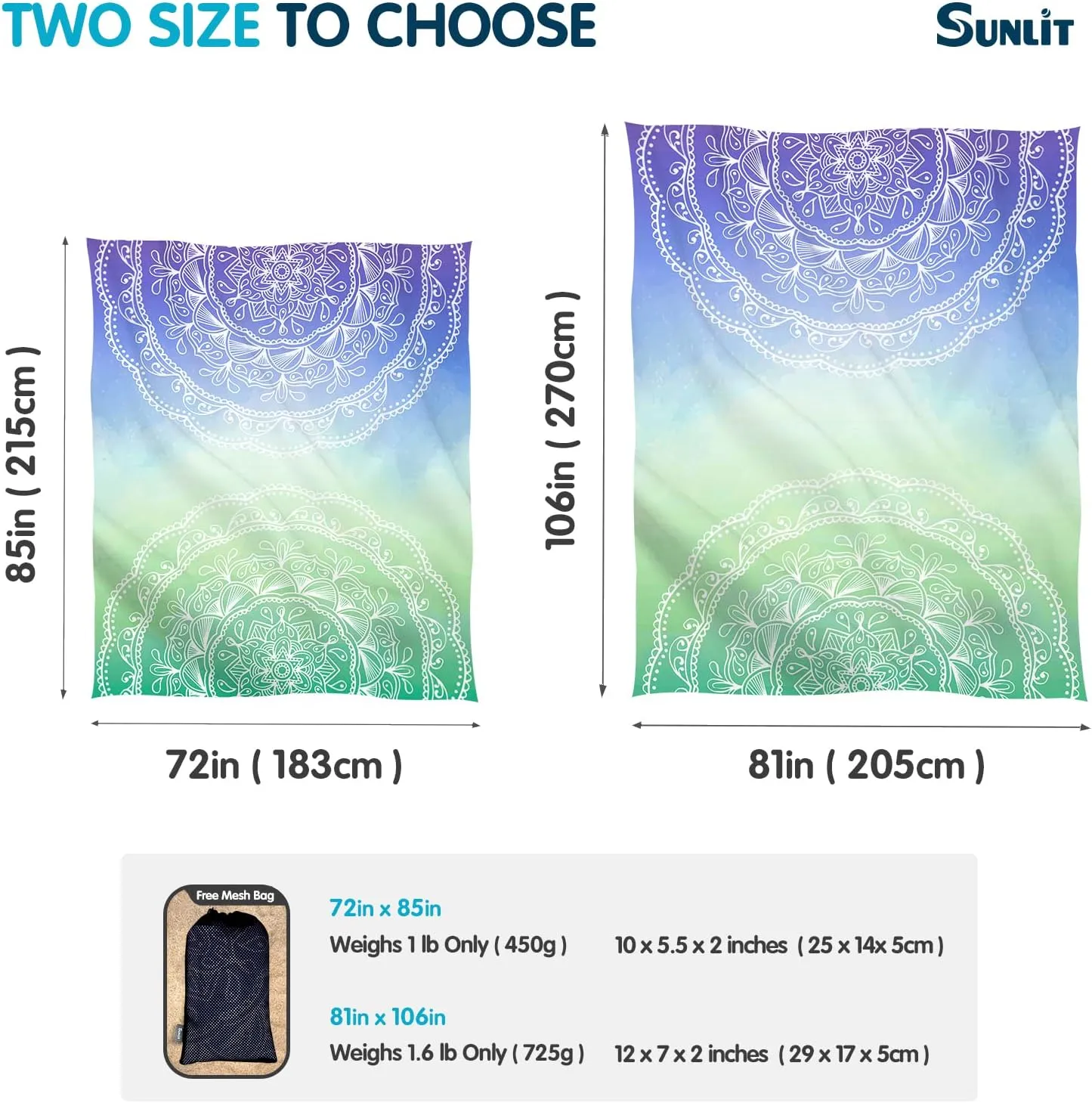 Sunlit Silky Soft Sand Proof Beach Blanket 106"x81" / 85"x72" Sand Proof Mat with Corner Pockets and Mesh Bag for Beach Party, Travel, Camping and Outdoor Music Festival, Mandala