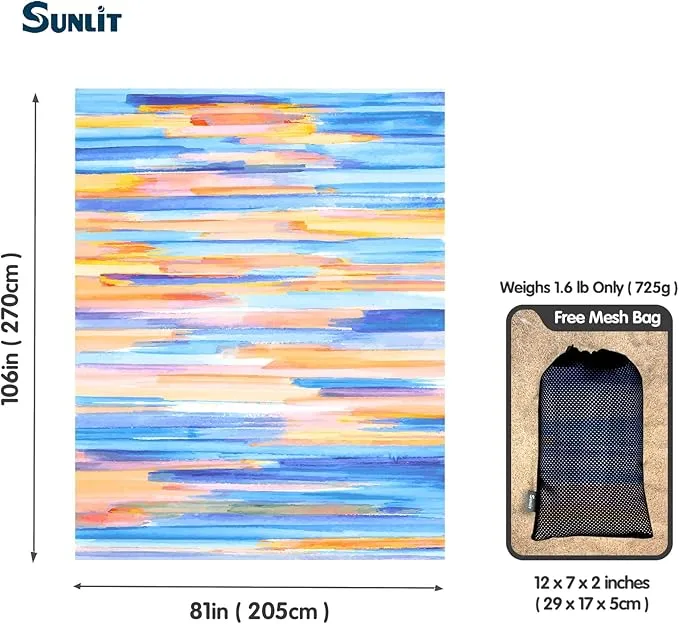 Sunlit Soft 106"x81" Sand Proof Beach Blanket Sand Free Beach Mat with Corner Pocket and Mesh Bag for Beach Party Travel Camping and Outdoor Music Festival, Ombre Blue Orange