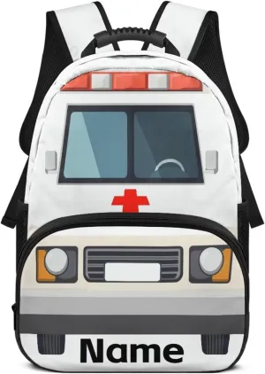 Suobstales Ambulance Print Custom Boys School Backpack, 17" Backpacks for Kids Children, Back to School Gifts, Personalized Name Large Capacity Bookbag for Kindergarten Primary Elementary