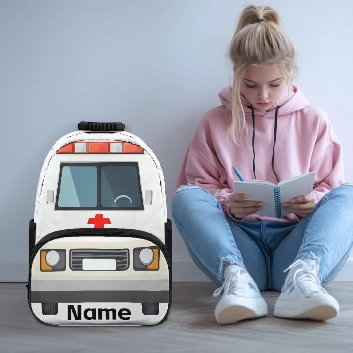 Suobstales Ambulance Print Custom Boys School Backpack, 17" Backpacks for Kids Children, Back to School Gifts, Personalized Name Large Capacity Bookbag for Kindergarten Primary Elementary