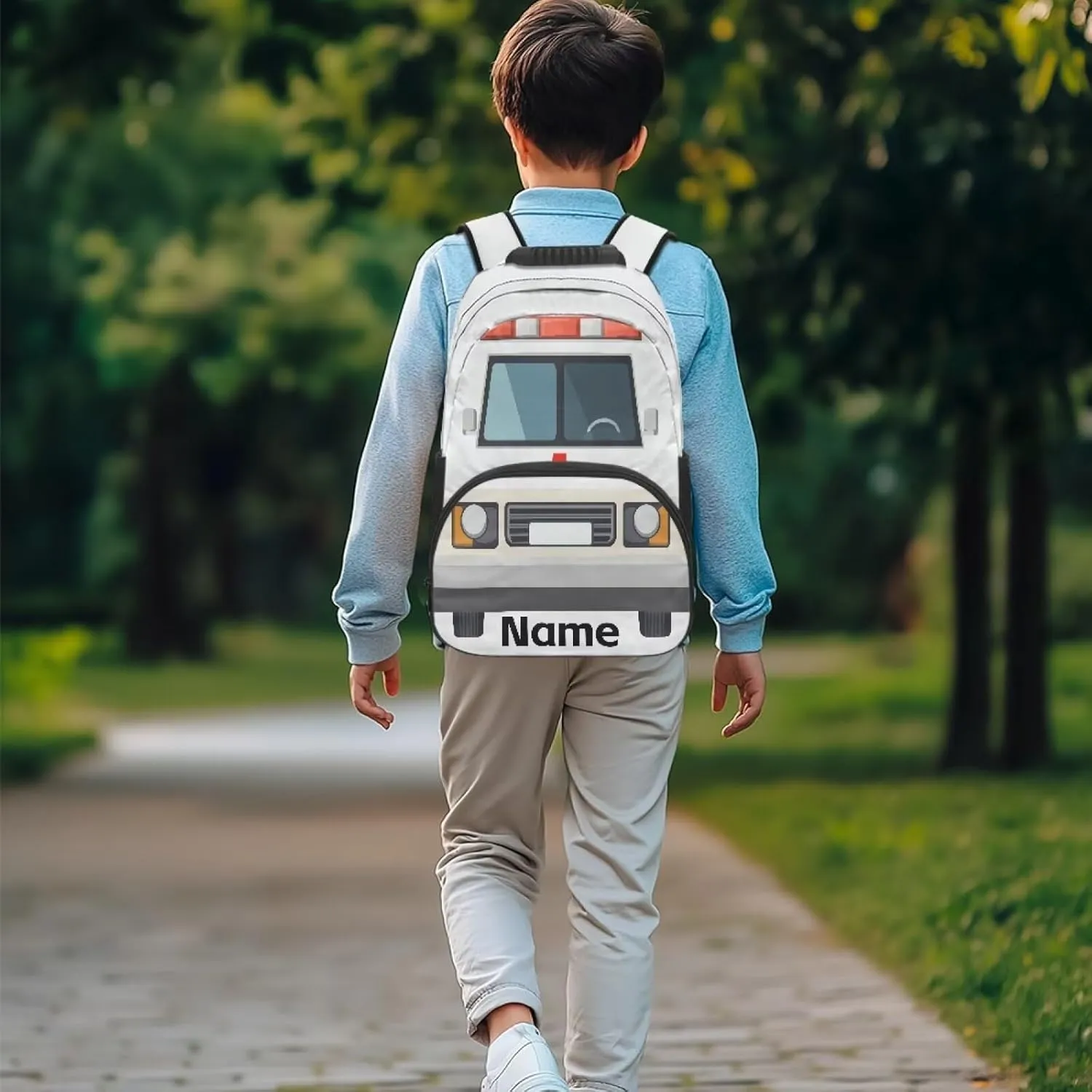Suobstales Ambulance Print Custom Boys School Backpack, 17" Backpacks for Kids Children, Back to School Gifts, Personalized Name Large Capacity Bookbag for Kindergarten Primary Elementary