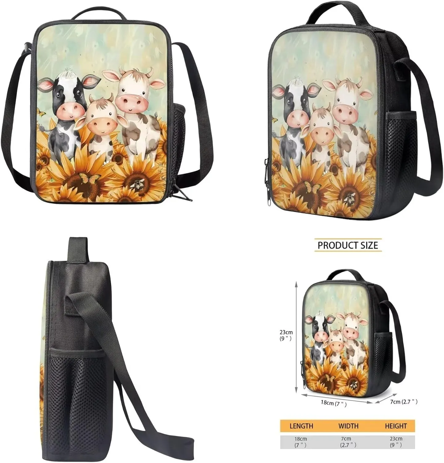Suobstales Cow Sunflower Butterfly Print School Bookbags Set of 3 Backpack for Kids Boys Girls Preschool Elementary Schoolbags with Lunch Bag Pencil Case Casual Daypack Rucksack