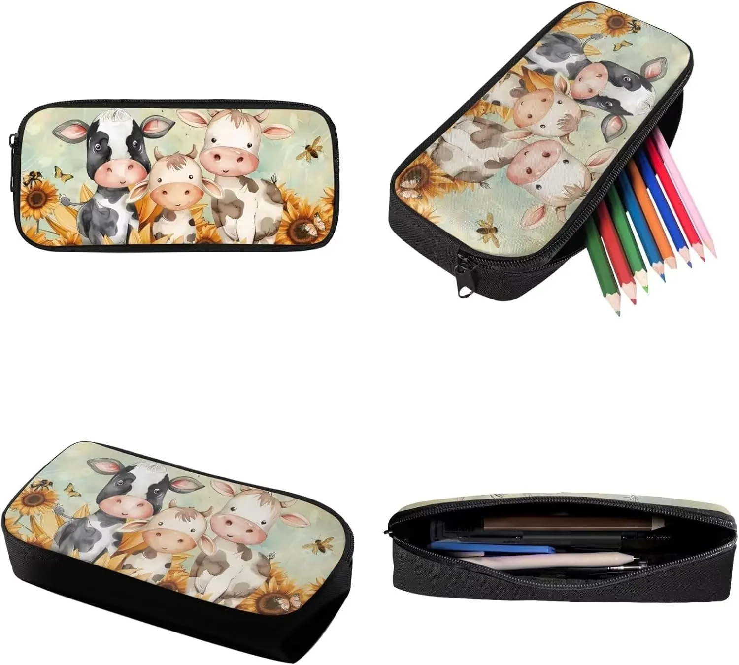 Suobstales Cow Sunflower Butterfly Print School Bookbags Set of 3 Backpack for Kids Boys Girls Preschool Elementary Schoolbags with Lunch Bag Pencil Case Casual Daypack Rucksack